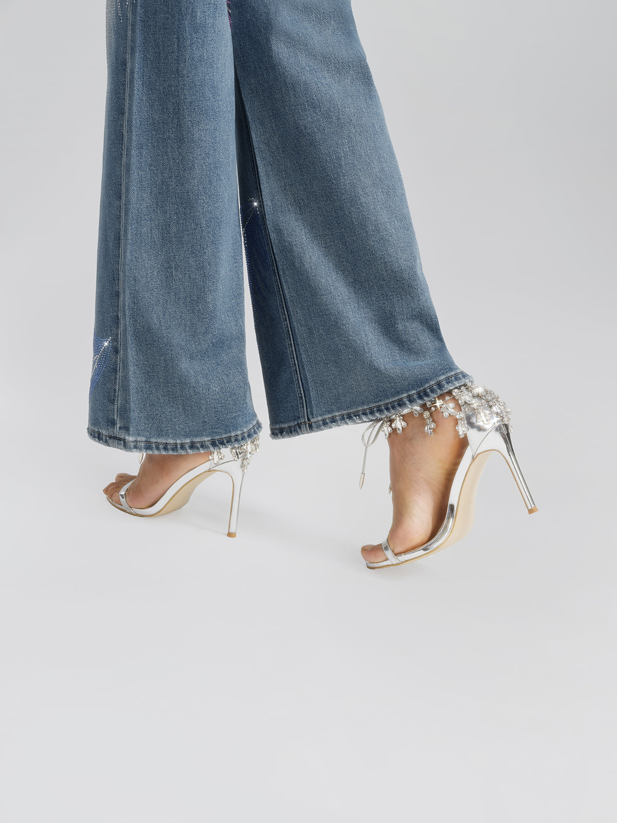 Rhinestone-Embellished Feather Denim Jeans