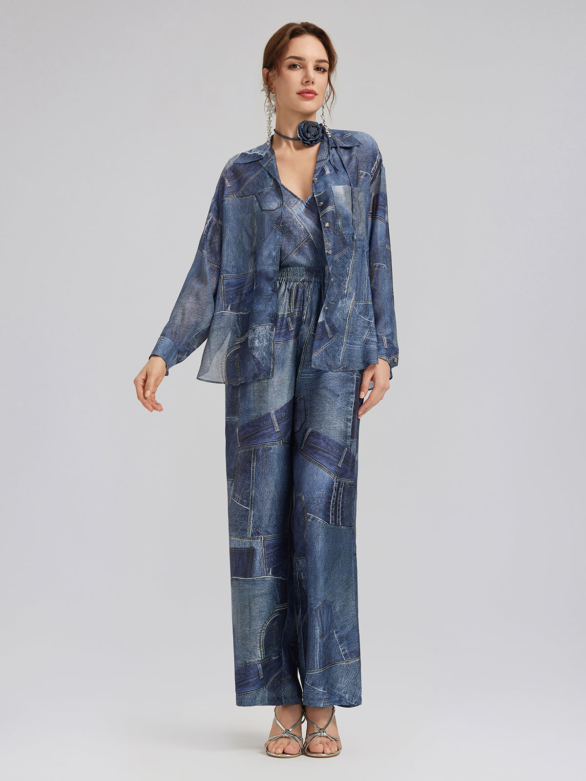 Denim-Print Silk Satin Cami