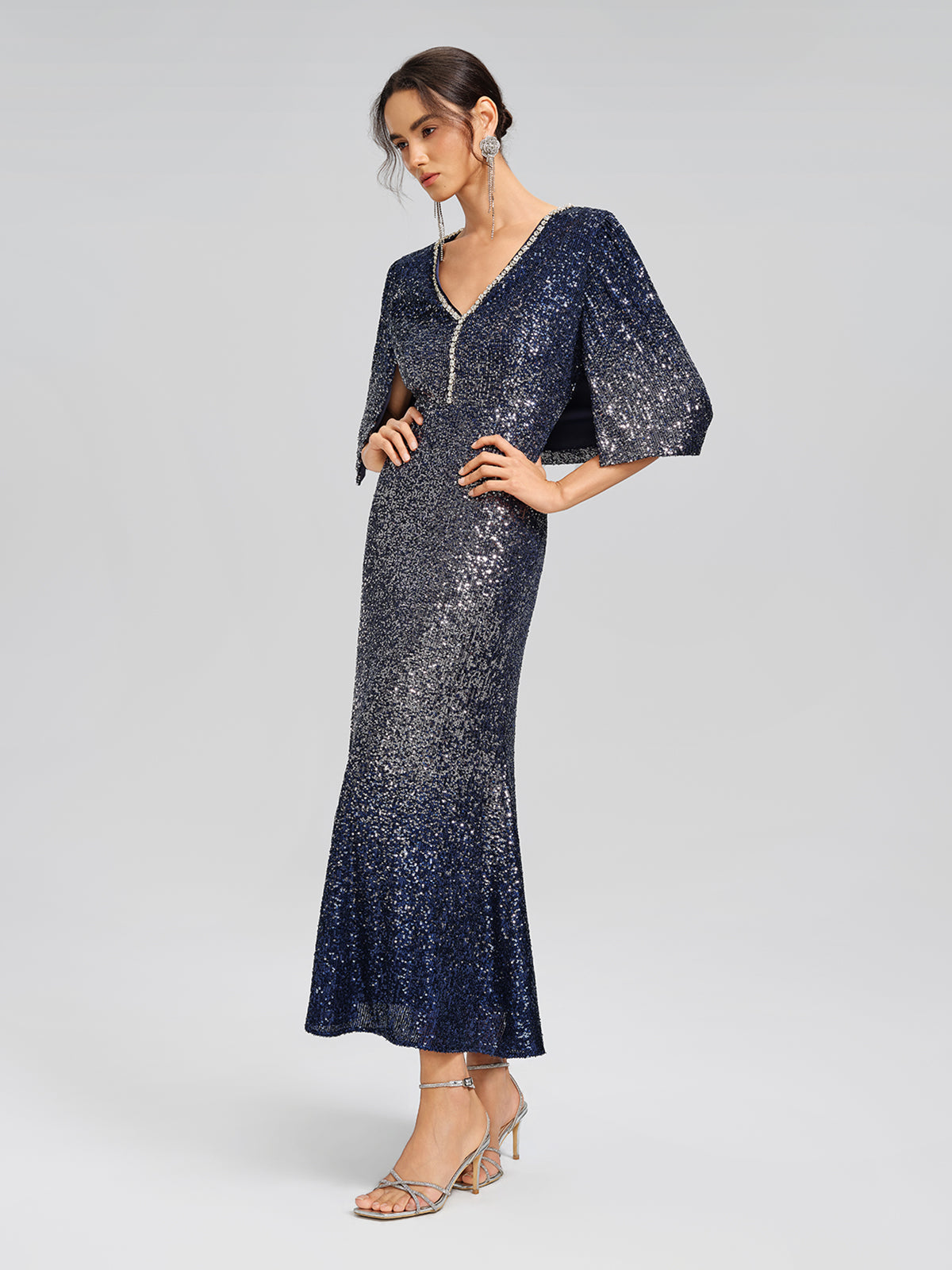 Gradient Sequin Cape Sleeve Dress (Belt Not Included)