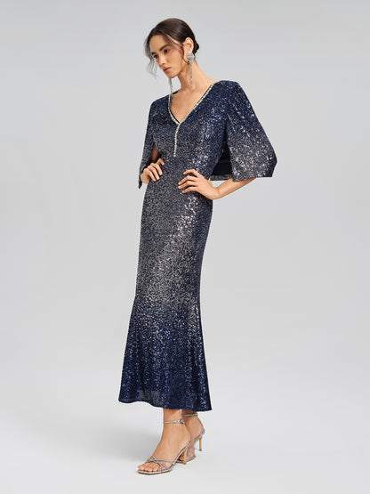Gradient Sequin Cape Sleeve Dress (Belt Not Included)