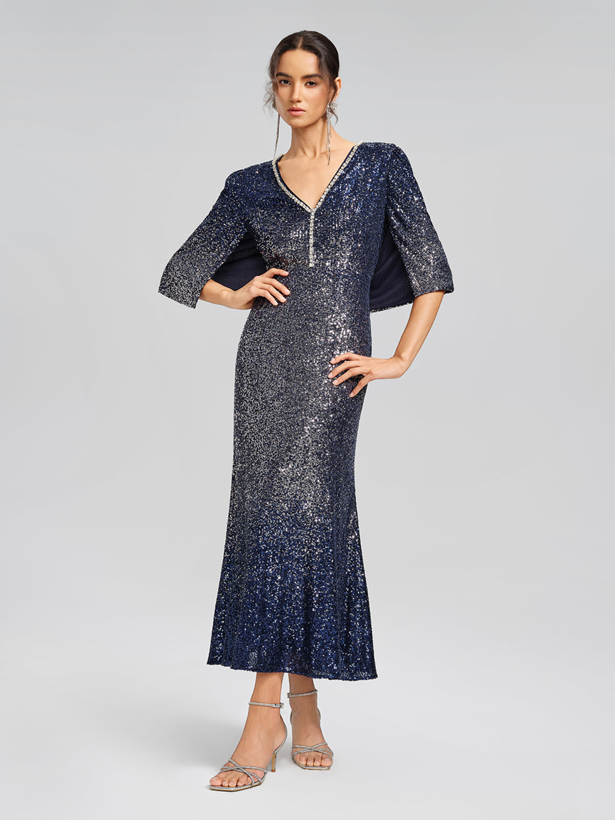 Gradient Sequin Cape Sleeve Dress (Belt Not Included)
