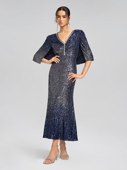 Gradient Sequin Cape Sleeve Dress (Belt Not Included)