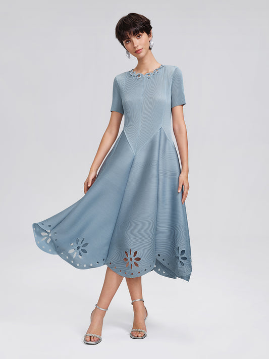 Cutout Burnout Beaded Pleated Dress (Waist Tie Included)