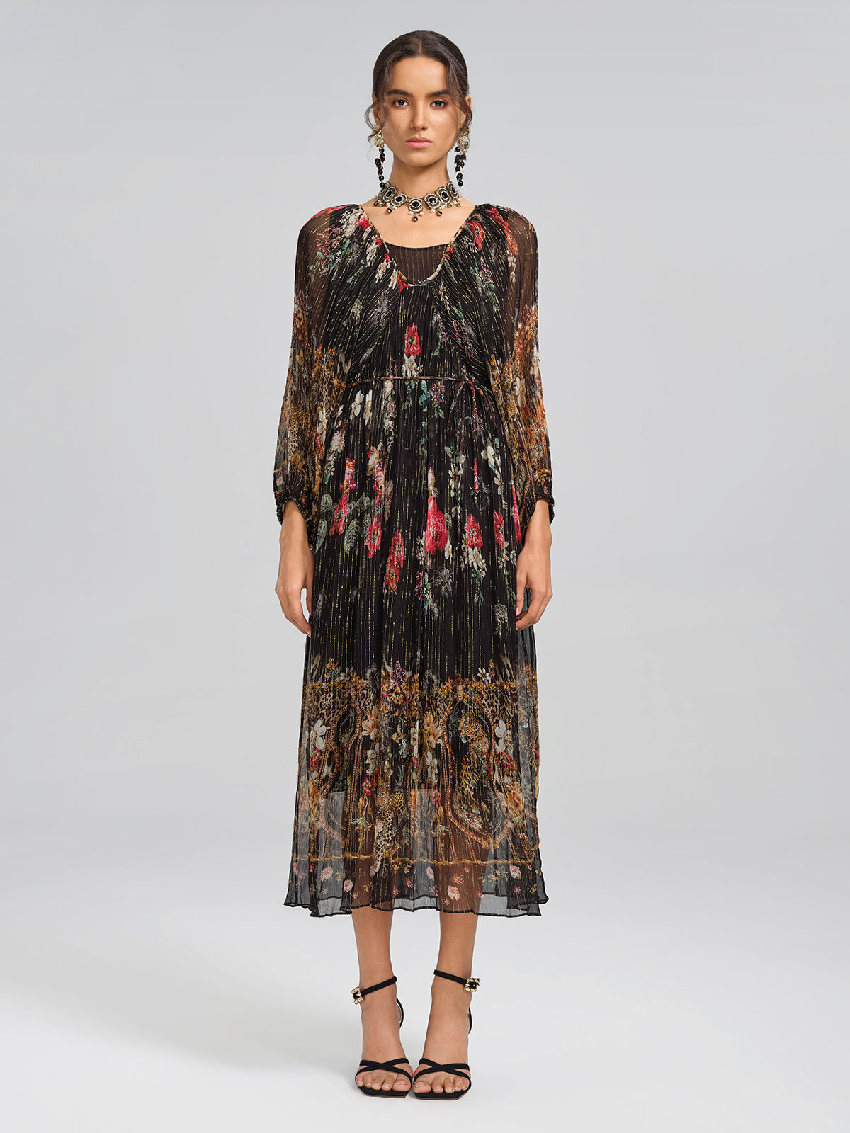 Silk Floral Metallic-Thread Dress (Waist Tie Included)
