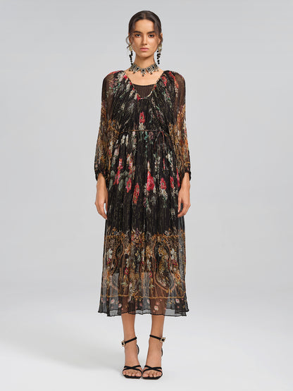 Silk Floral Metallic-Thread Dress (Waist Tie Included)