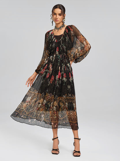 Silk Floral Metallic-Thread Dress (Waist Tie Included)