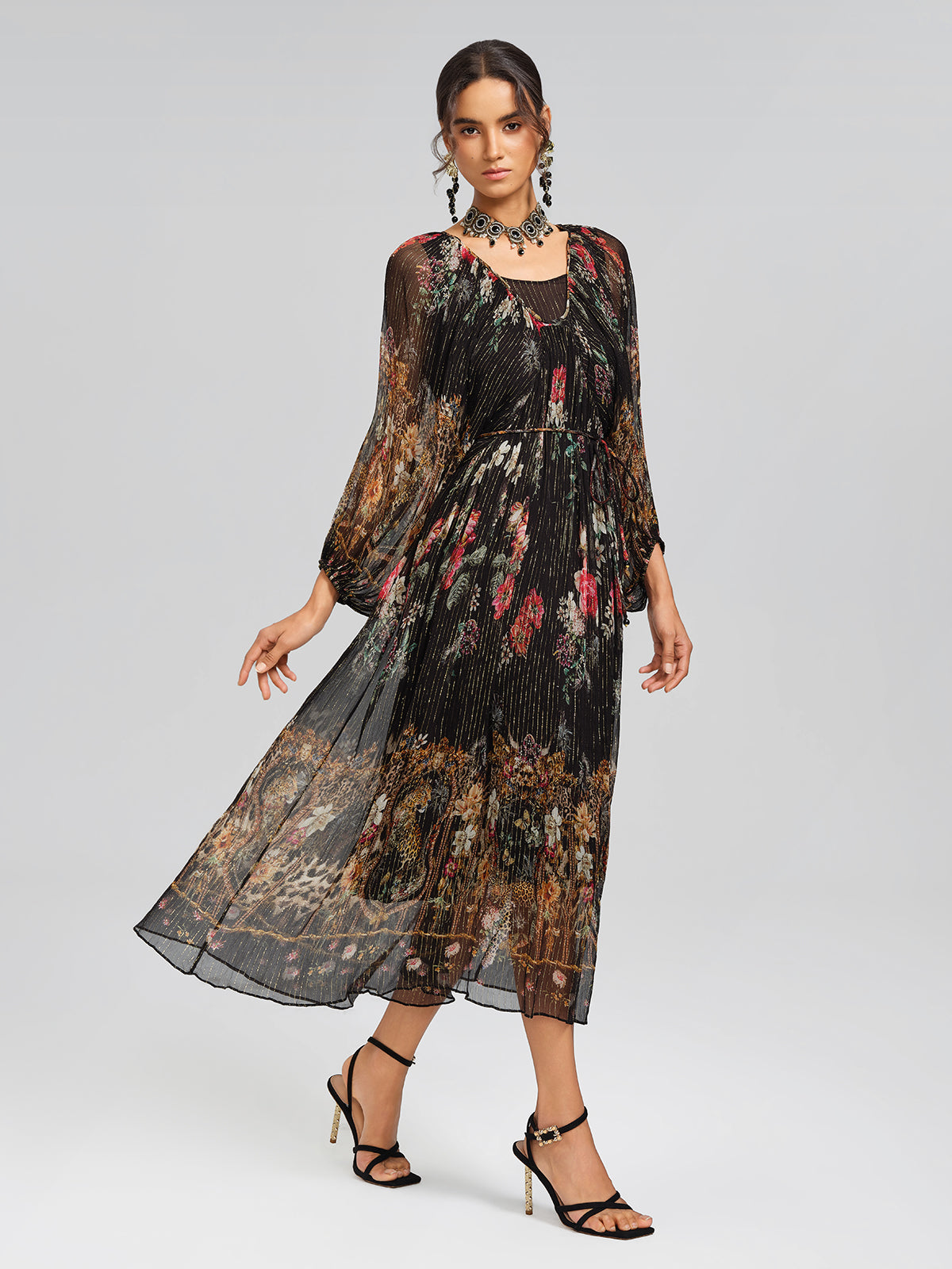 Silk Floral Metallic-Thread Dress (Waist Tie Included)