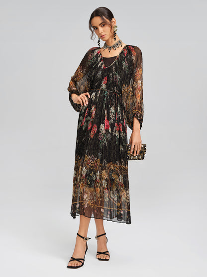 Silk Floral Metallic-Thread Dress (Waist Tie Included)