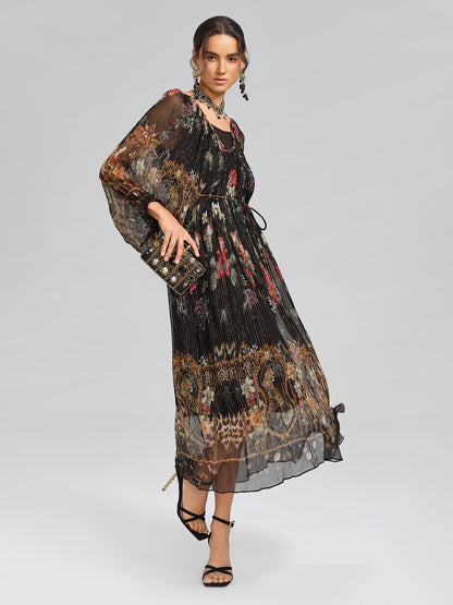 Silk Floral Metallic-Thread Dress (Waist Tie Included)