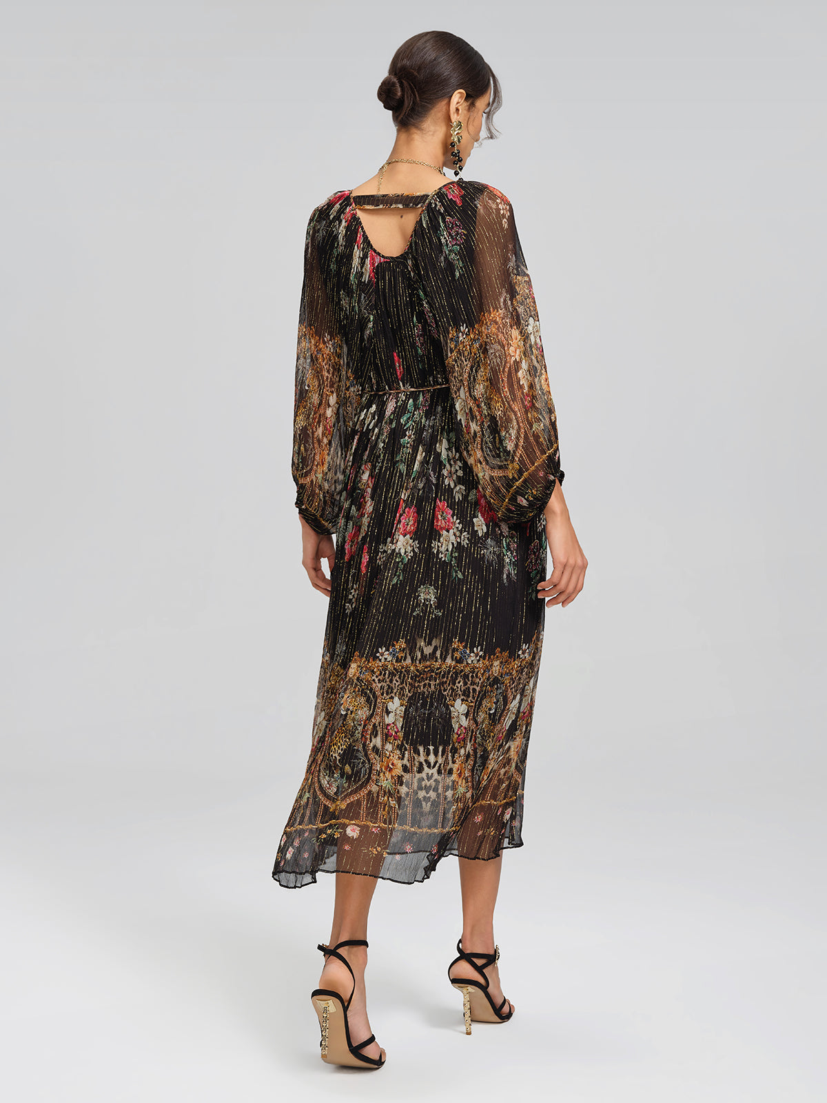 Silk Floral Metallic-Thread Dress (Waist Tie Included)