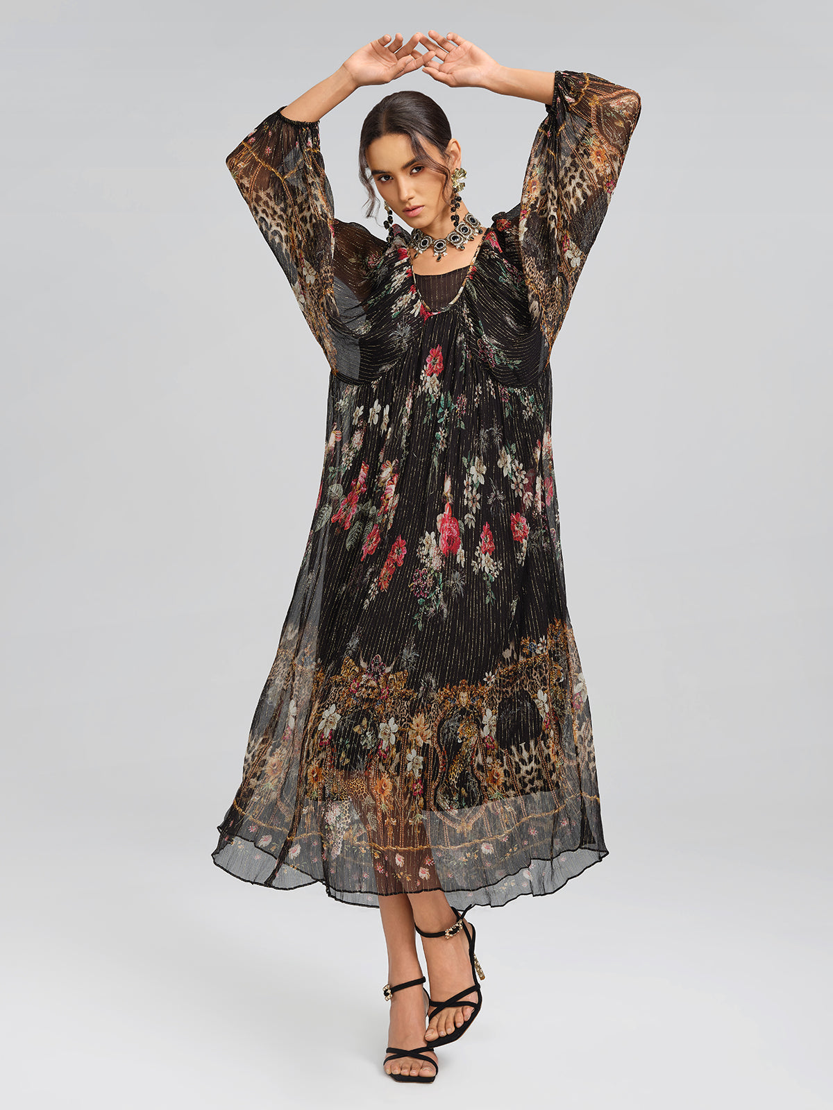 Silk Floral Metallic-Thread Dress (Waist Tie Included)