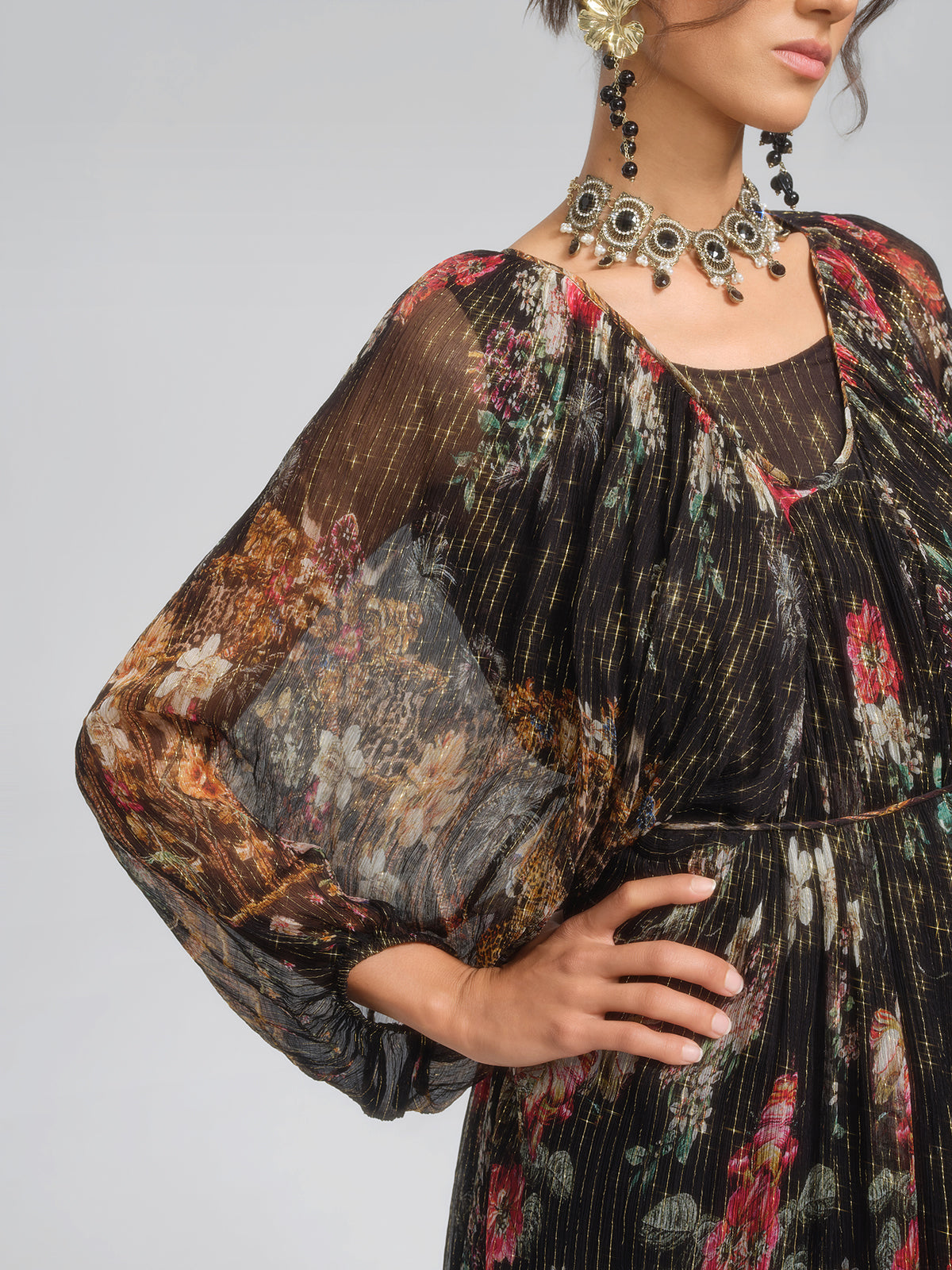 Silk Floral Metallic-Thread Dress (Waist Tie Included)