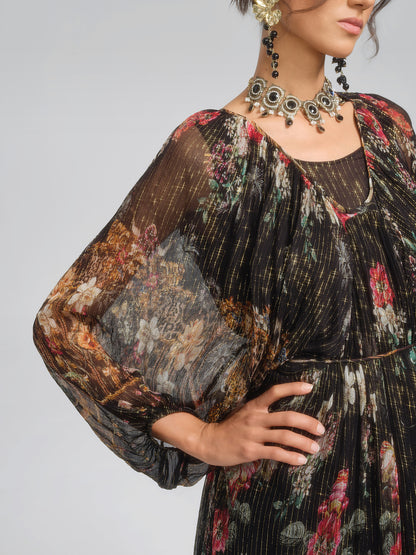 Silk Floral Metallic-Thread Dress (Waist Tie Included)