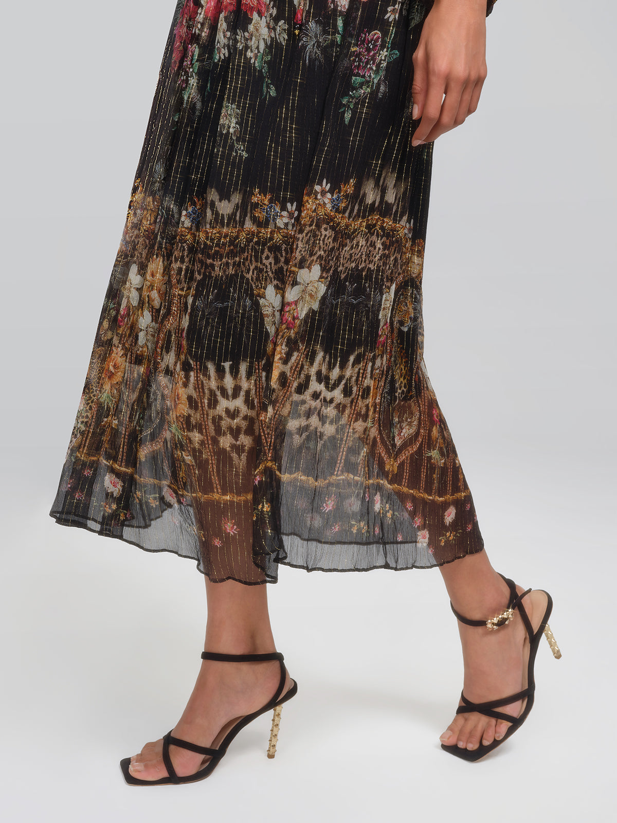 Silk Floral Metallic-Thread Dress (Waist Tie Included)