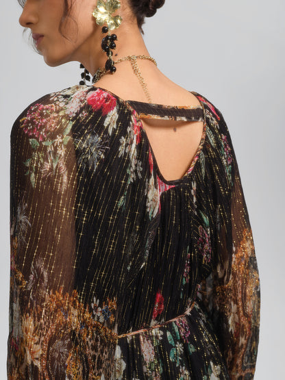 Silk Floral Metallic-Thread Dress (Waist Tie Included)