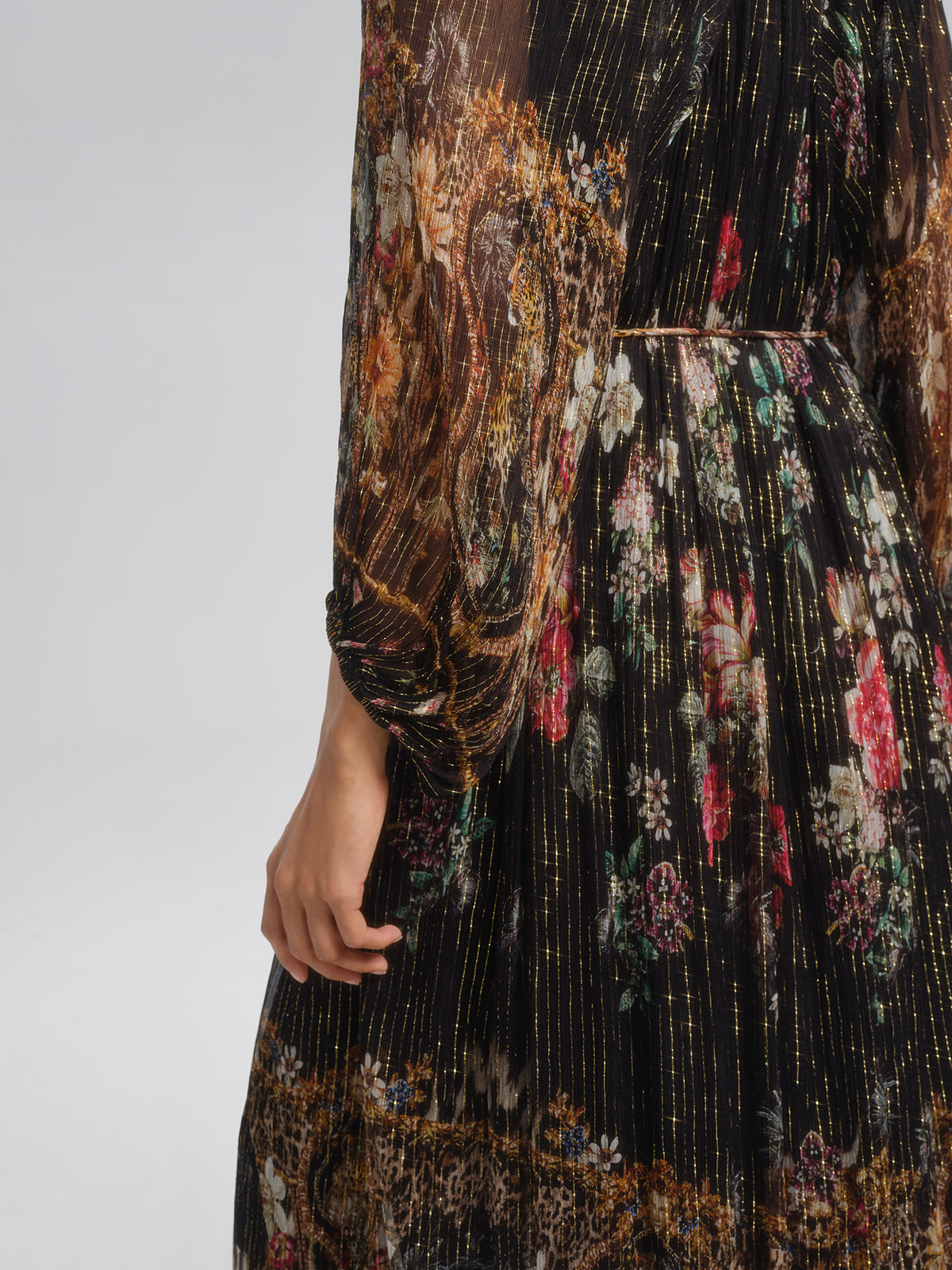 Silk Floral Metallic-Thread Dress (Waist Tie Included)