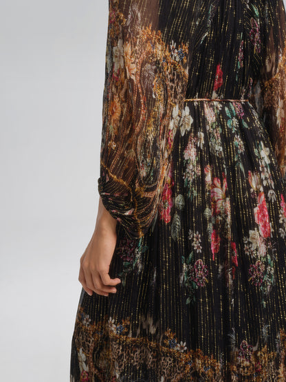 Silk Floral Metallic-Thread Dress (Waist Tie Included)
