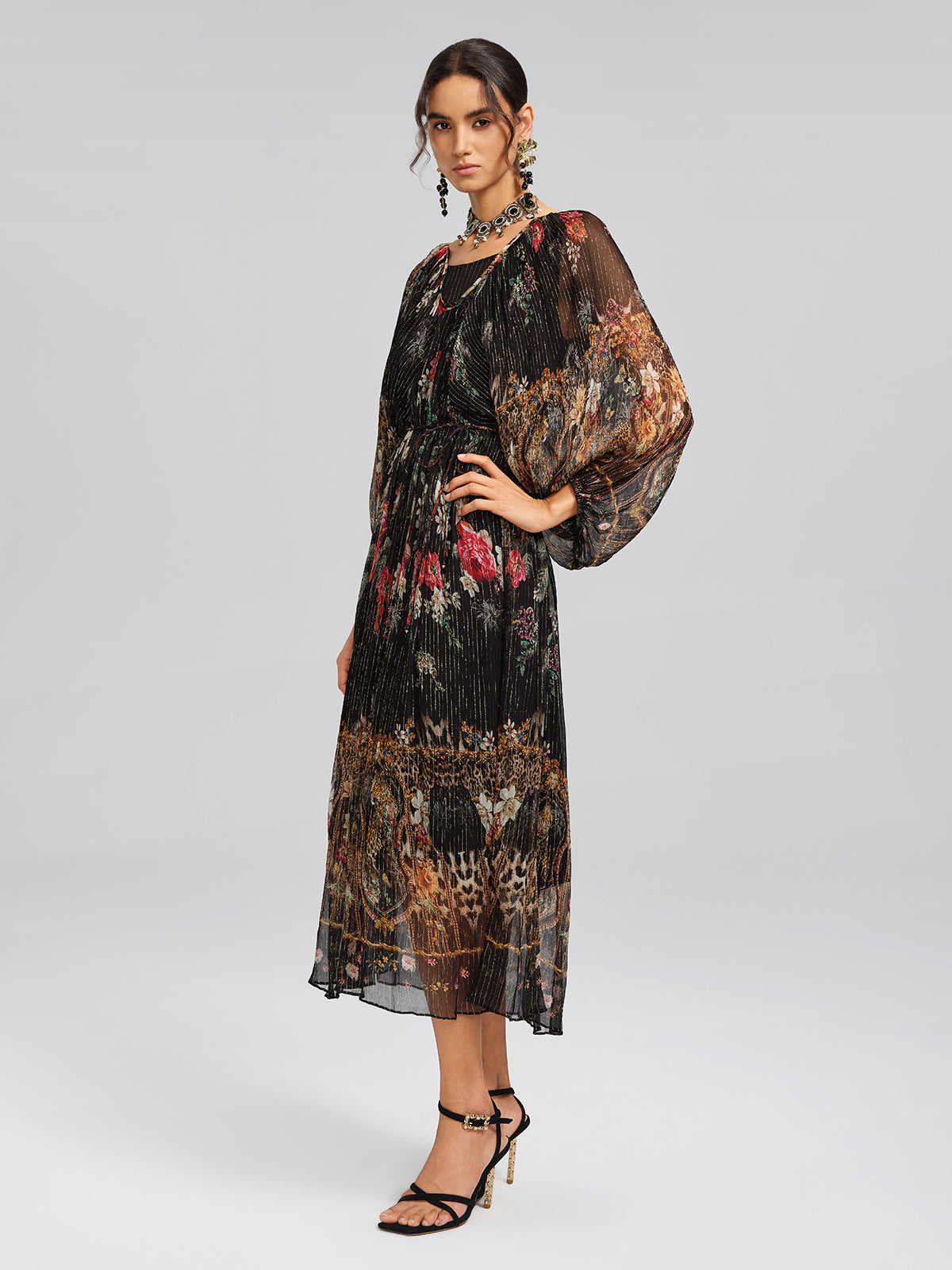 Silk Floral Metallic-Thread Dress (Waist Tie Included)