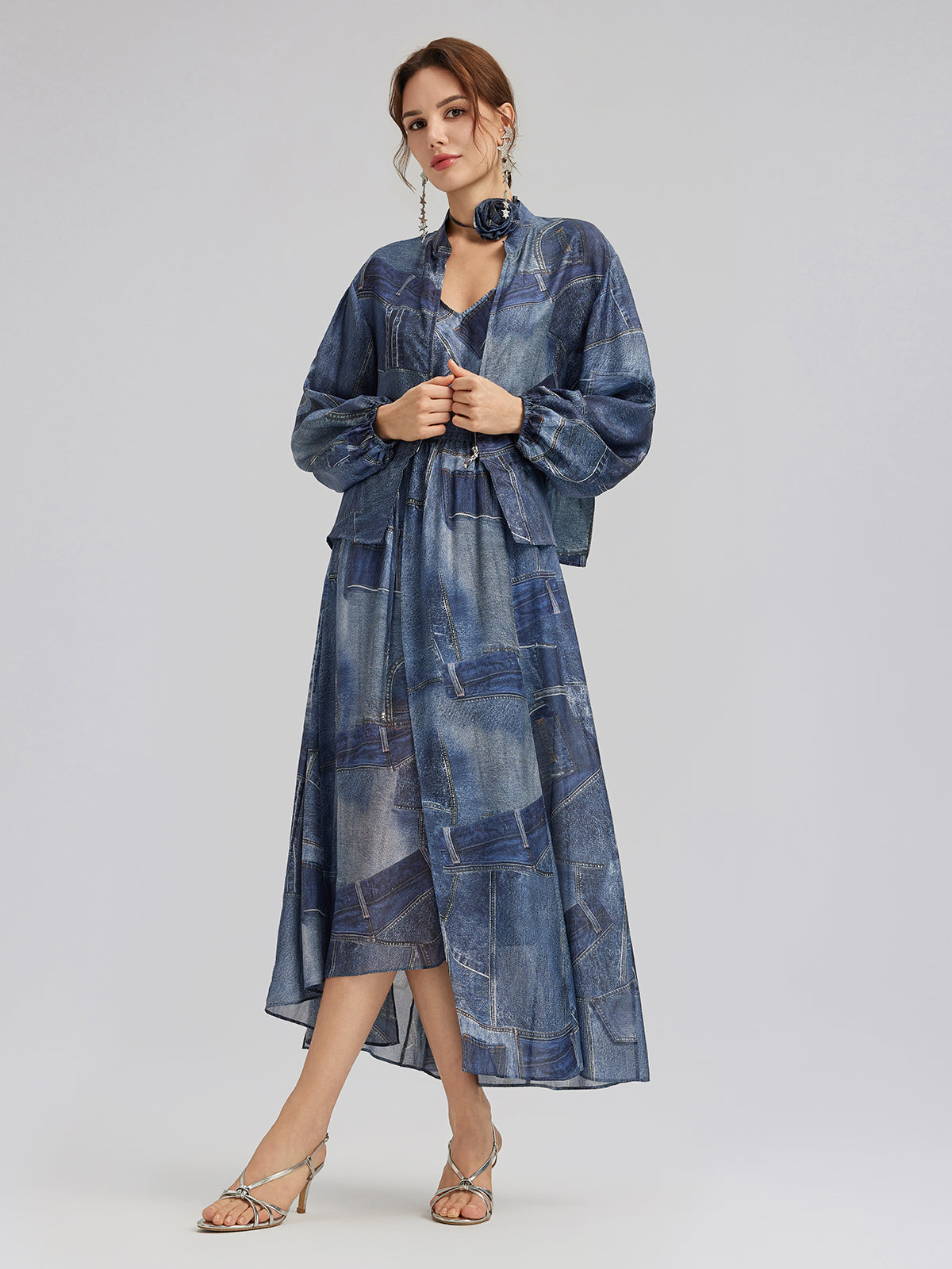 Denim-Print Silk Satin Cami