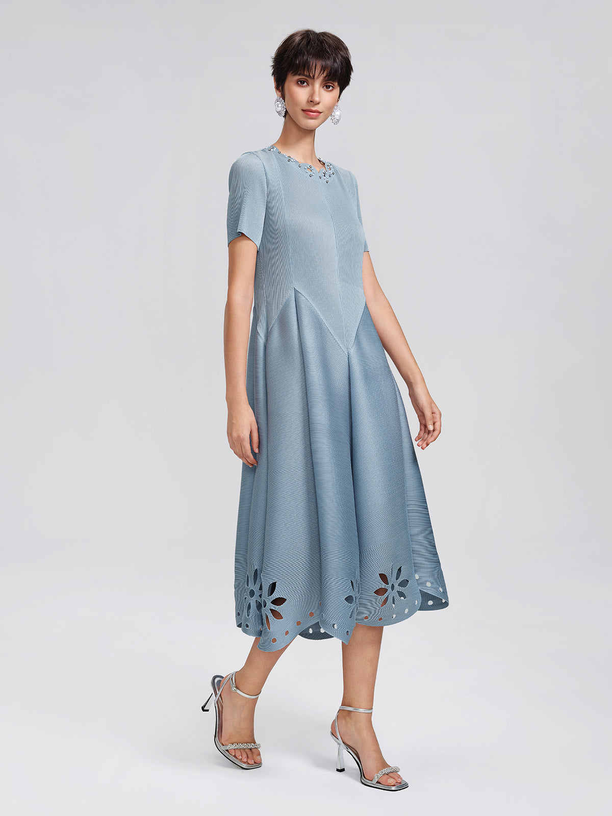 Cutout Burnout Beaded Pleated Dress (Waist Tie Included)
