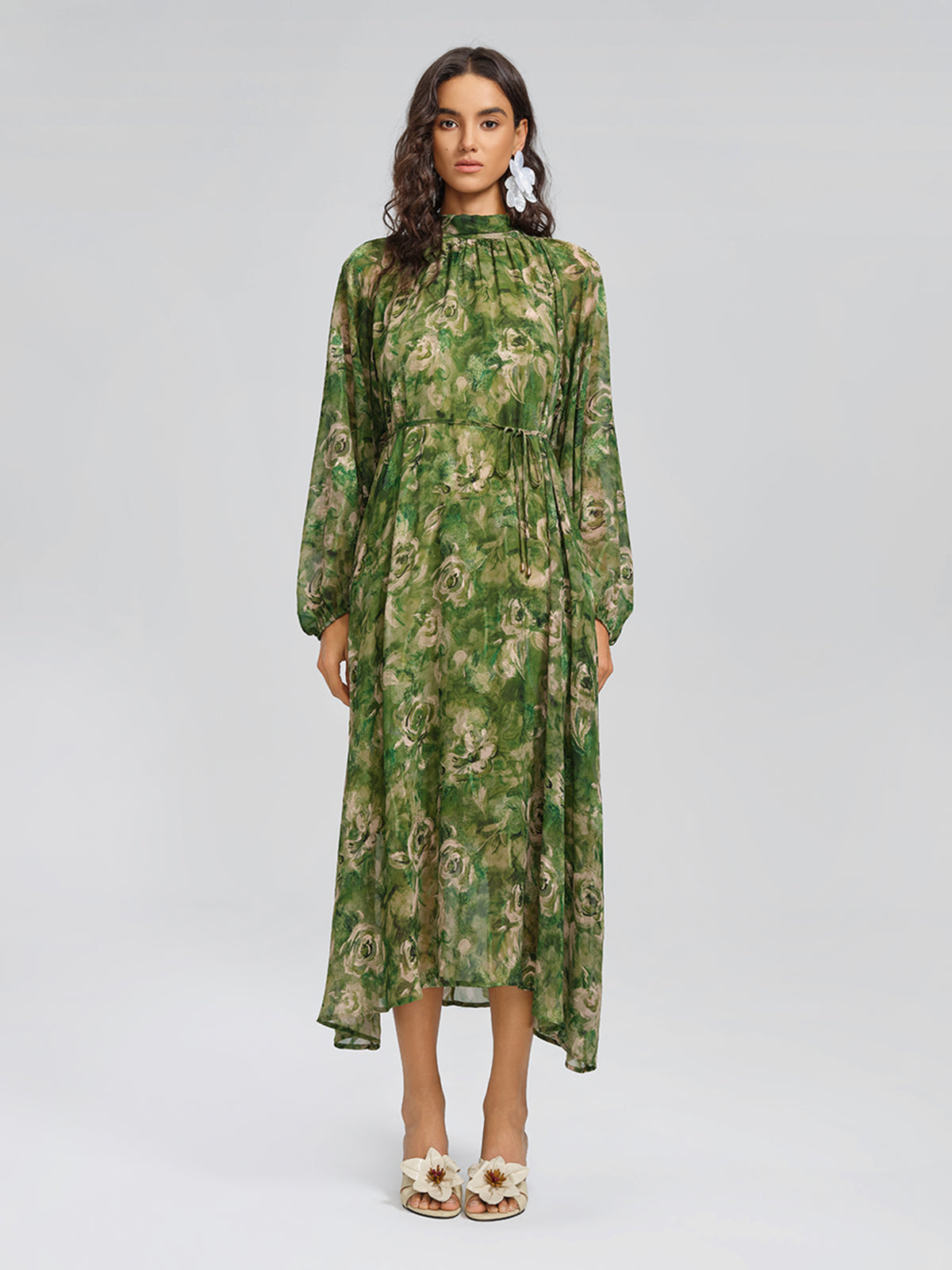 Botanical Print Stand-Collar Relaxed Dress (Waist Tie Included)