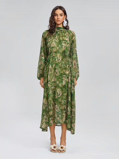 Botanical Print Stand-Collar Relaxed Dress (Waist Tie Included)