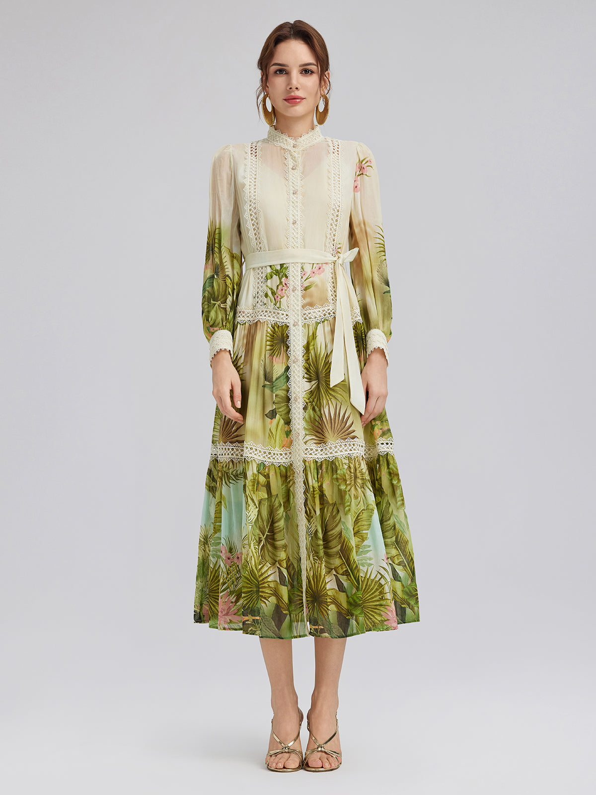 Tropical-Print Silk-Cotton Lace-Trim Dress (Two Belts Included)
