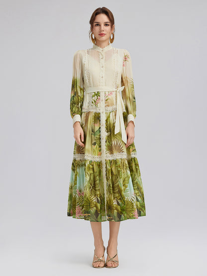 Tropical-Print Silk-Cotton Lace-Trim Dress (Two Belts Included)