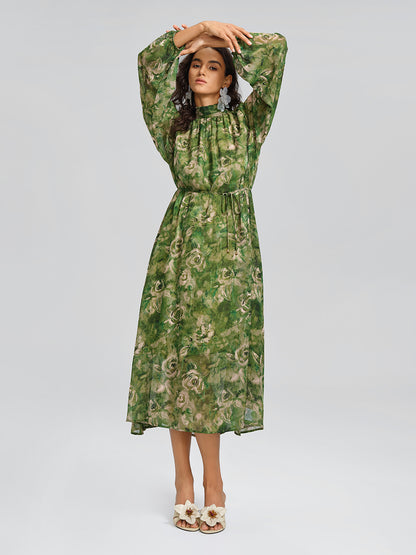 Botanical Print Stand-Collar Relaxed Dress (Waist Tie Included)