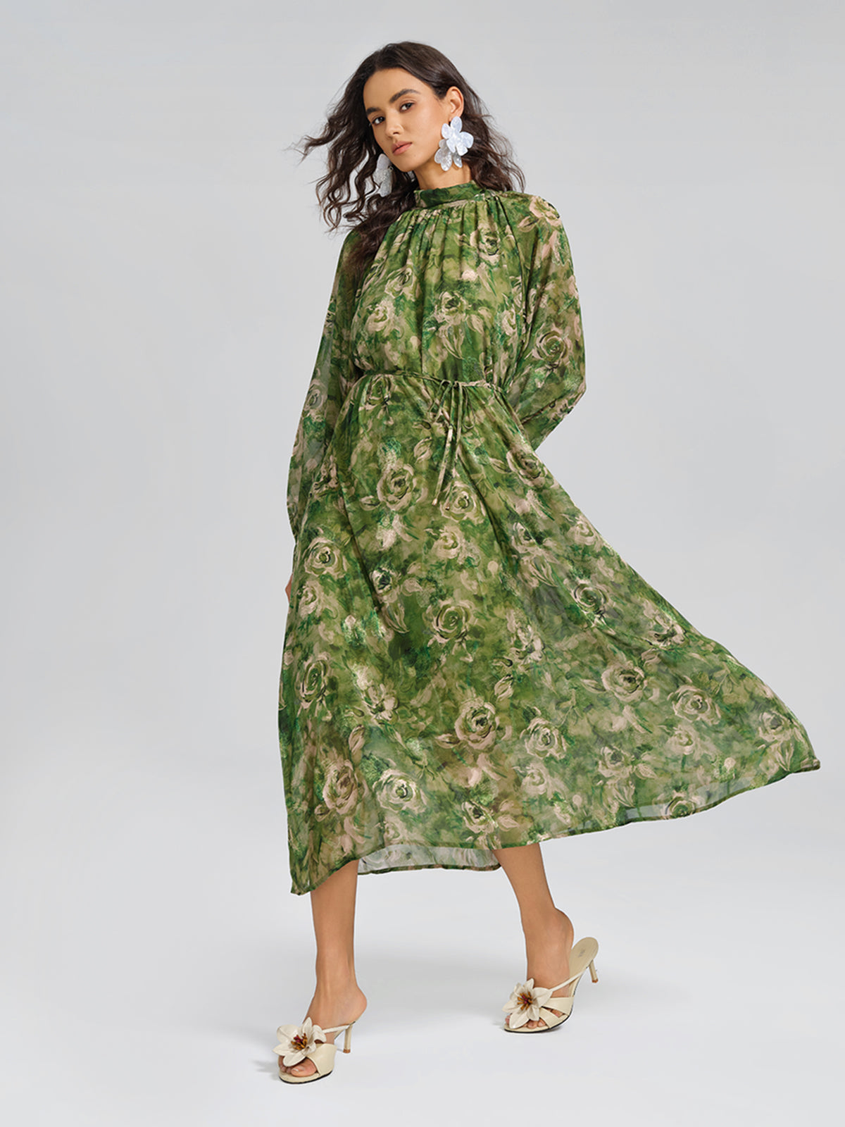 Botanical Print Stand-Collar Relaxed Dress (Waist Tie Included)