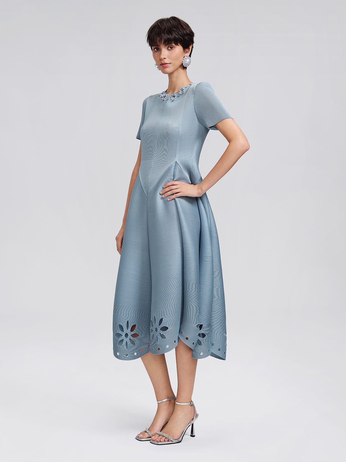 Cutout Burnout Beaded Pleated Dress (Waist Tie Included)