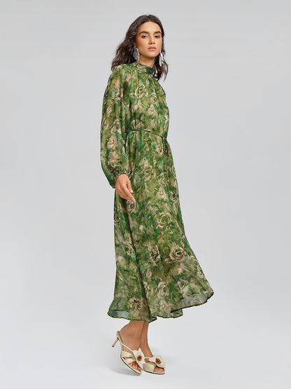 Botanical Print Stand-Collar Relaxed Dress (Waist Tie Included)