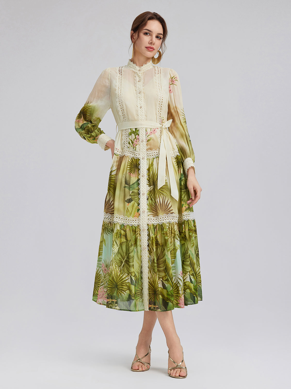 Tropical-Print Silk-Cotton Lace-Trim Dress (Two Belts Included)
