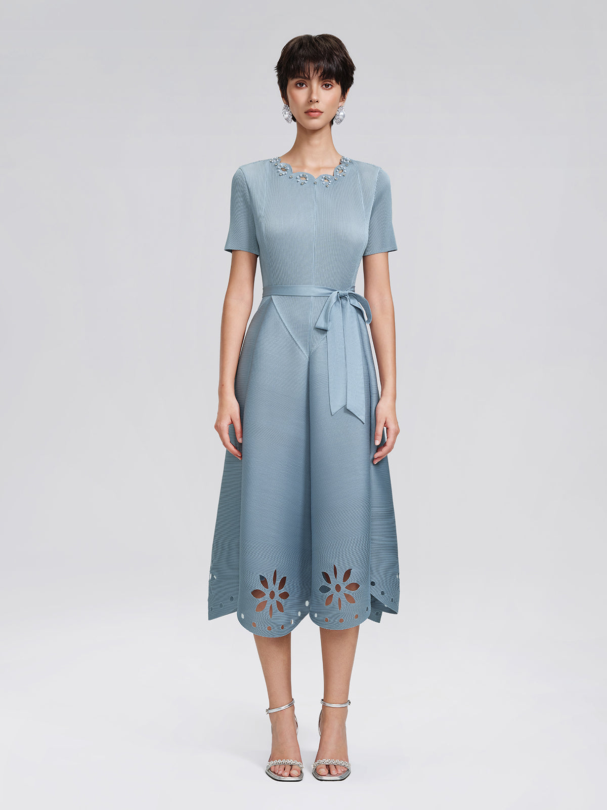 Cutout Burnout Beaded Pleated Dress (Waist Tie Included)