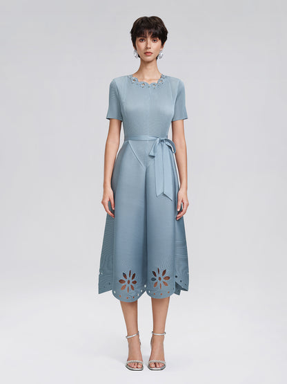 Cutout Burnout Beaded Pleated Dress (Waist Tie Included)