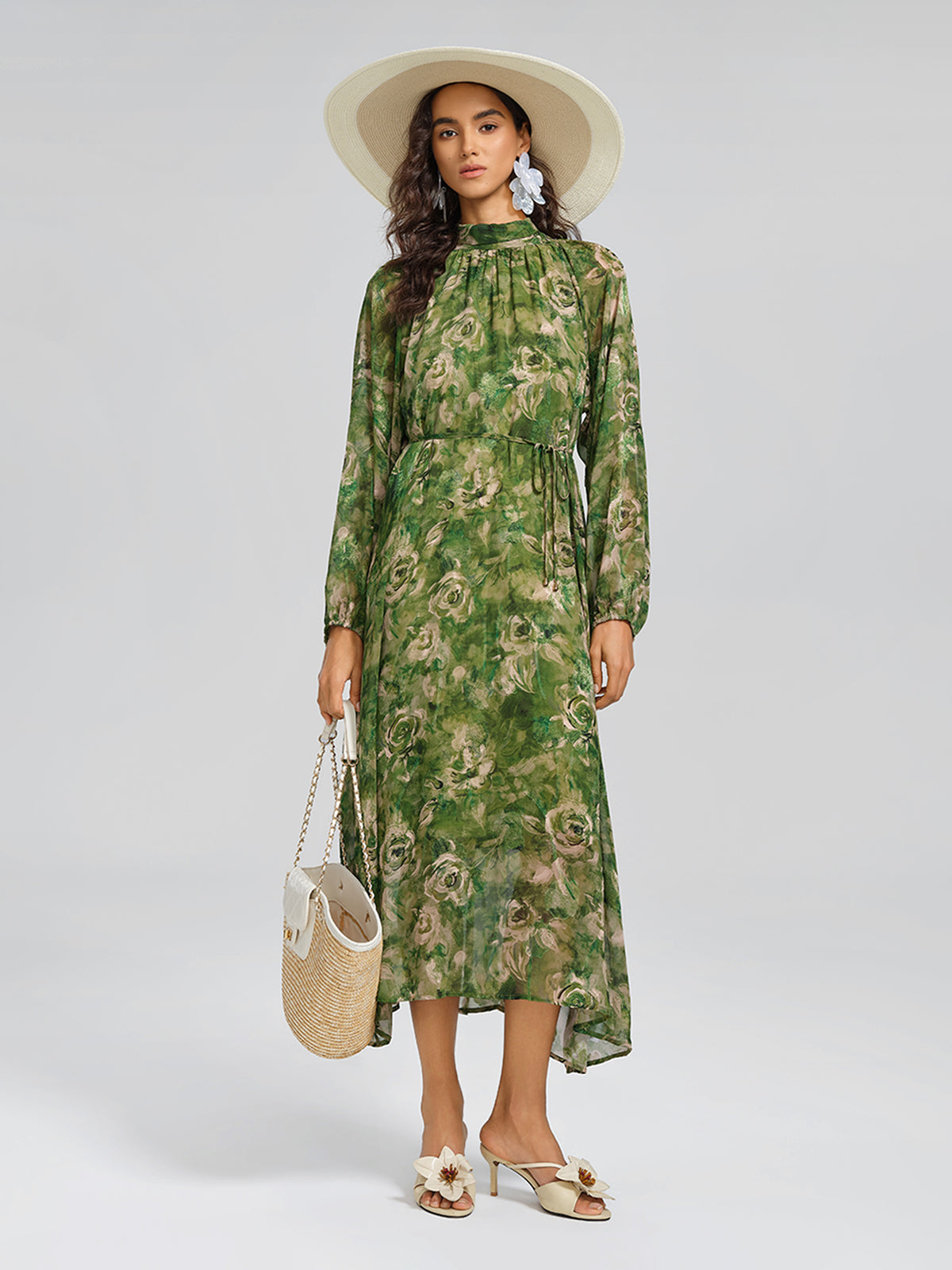 Botanical Print Stand-Collar Relaxed Dress (Waist Tie Included)