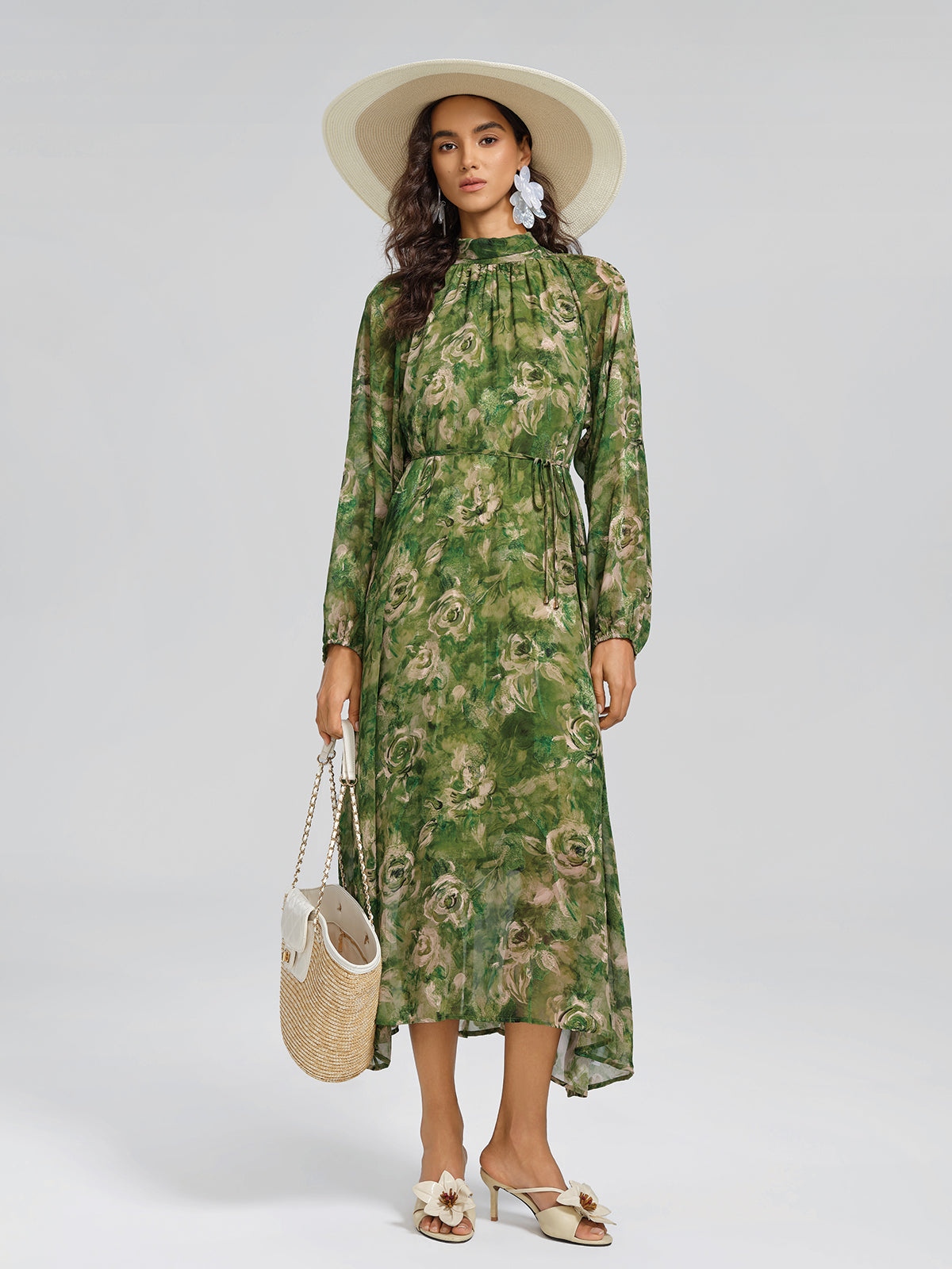 Botanical Print Stand-Collar Relaxed Dress (Waist Tie Included)