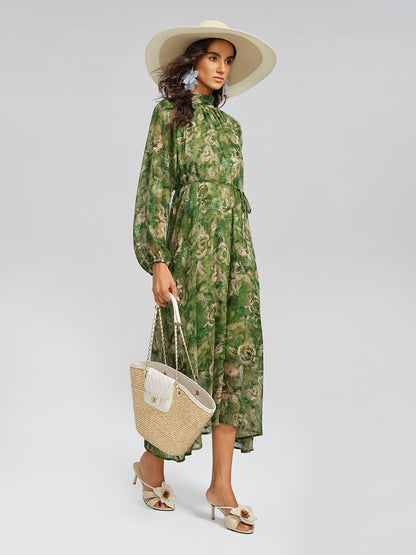 Botanical Print Stand-Collar Relaxed Dress (Waist Tie Included)