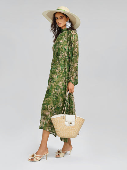 Botanical Print Stand-Collar Relaxed Dress (Waist Tie Included)