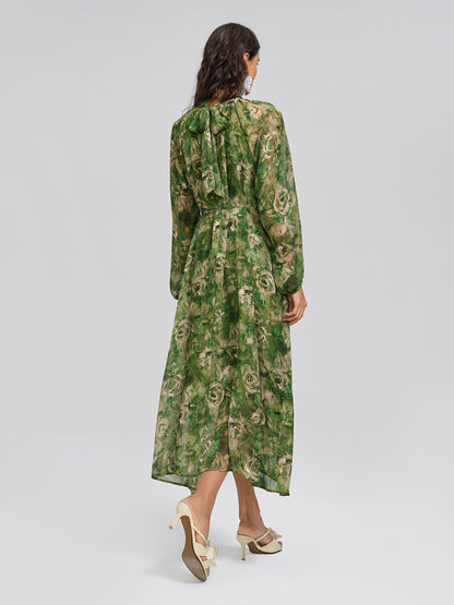 Botanical Print Stand-Collar Relaxed Dress (Waist Tie Included)