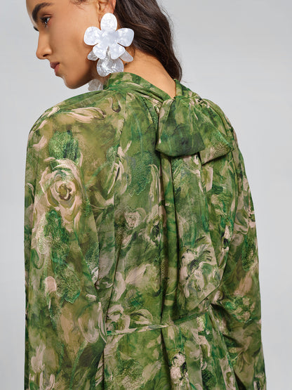 Botanical Print Stand-Collar Relaxed Dress (Waist Tie Included)