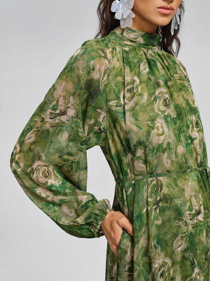 Botanical Print Stand-Collar Relaxed Dress (Waist Tie Included)