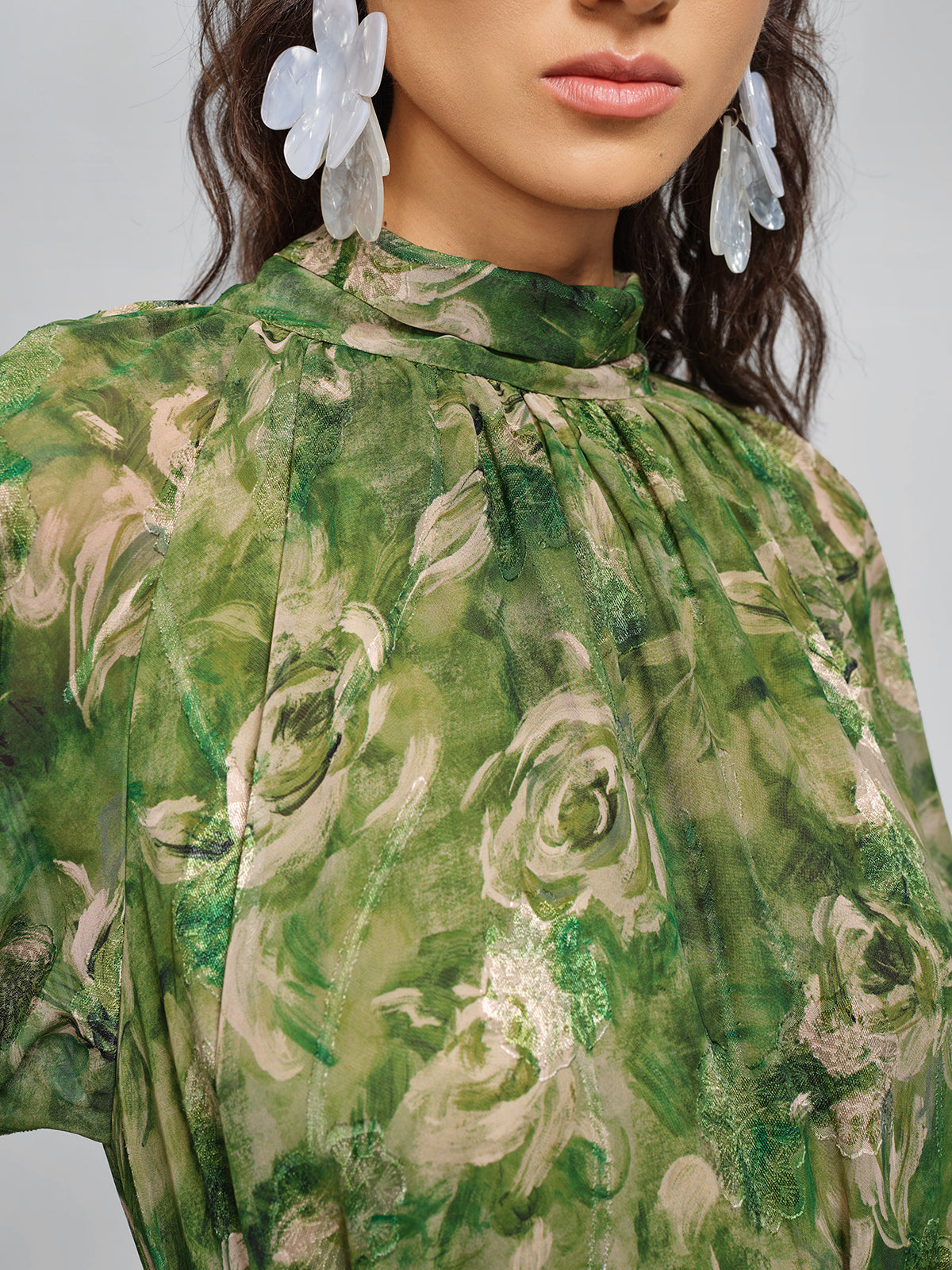 Botanical Print Stand-Collar Relaxed Dress (Waist Tie Included)