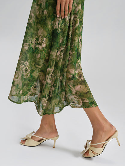 Botanical Print Stand-Collar Relaxed Dress (Waist Tie Included)