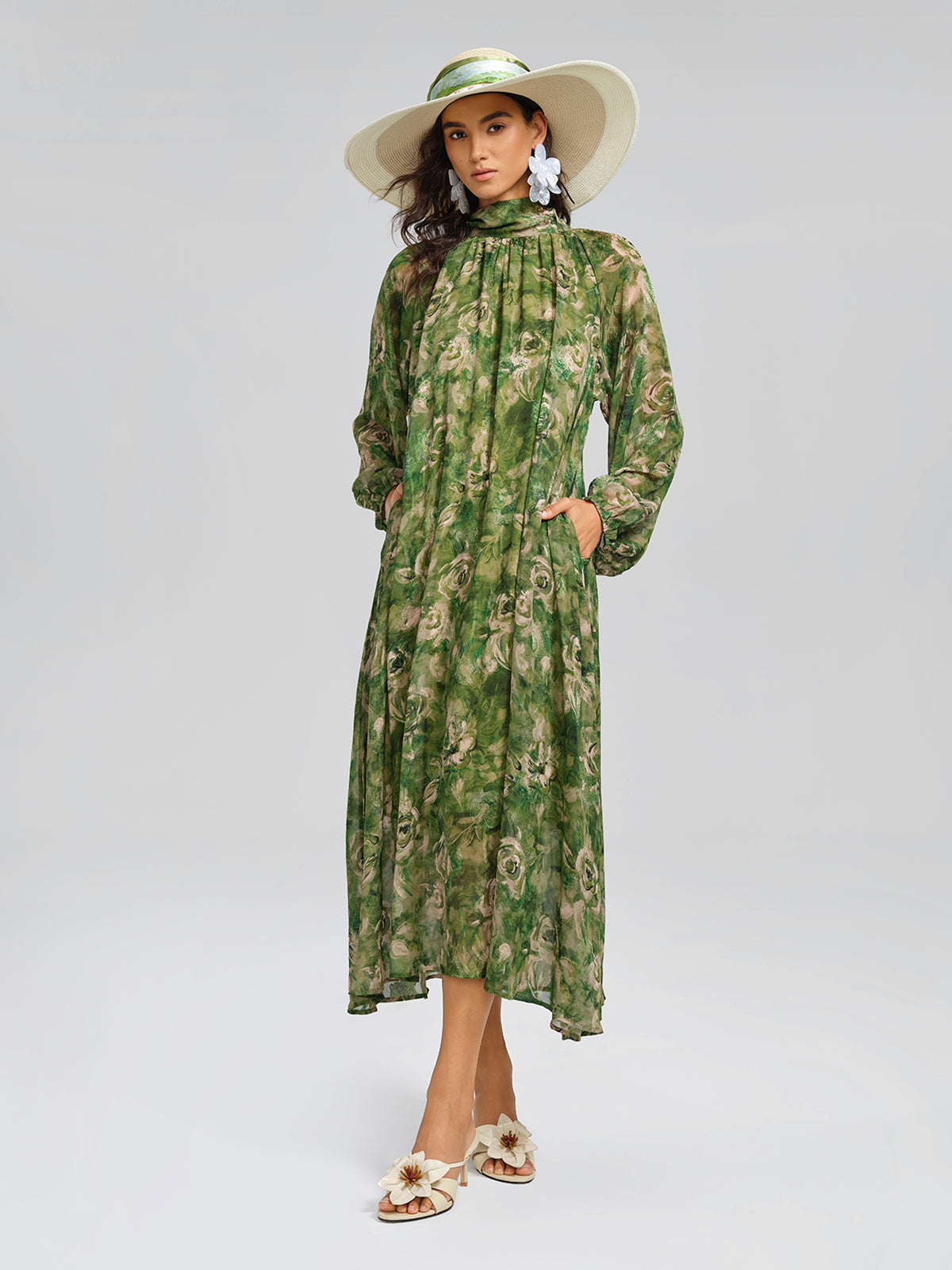 Botanical Print Stand-Collar Relaxed Dress (Waist Tie Included)