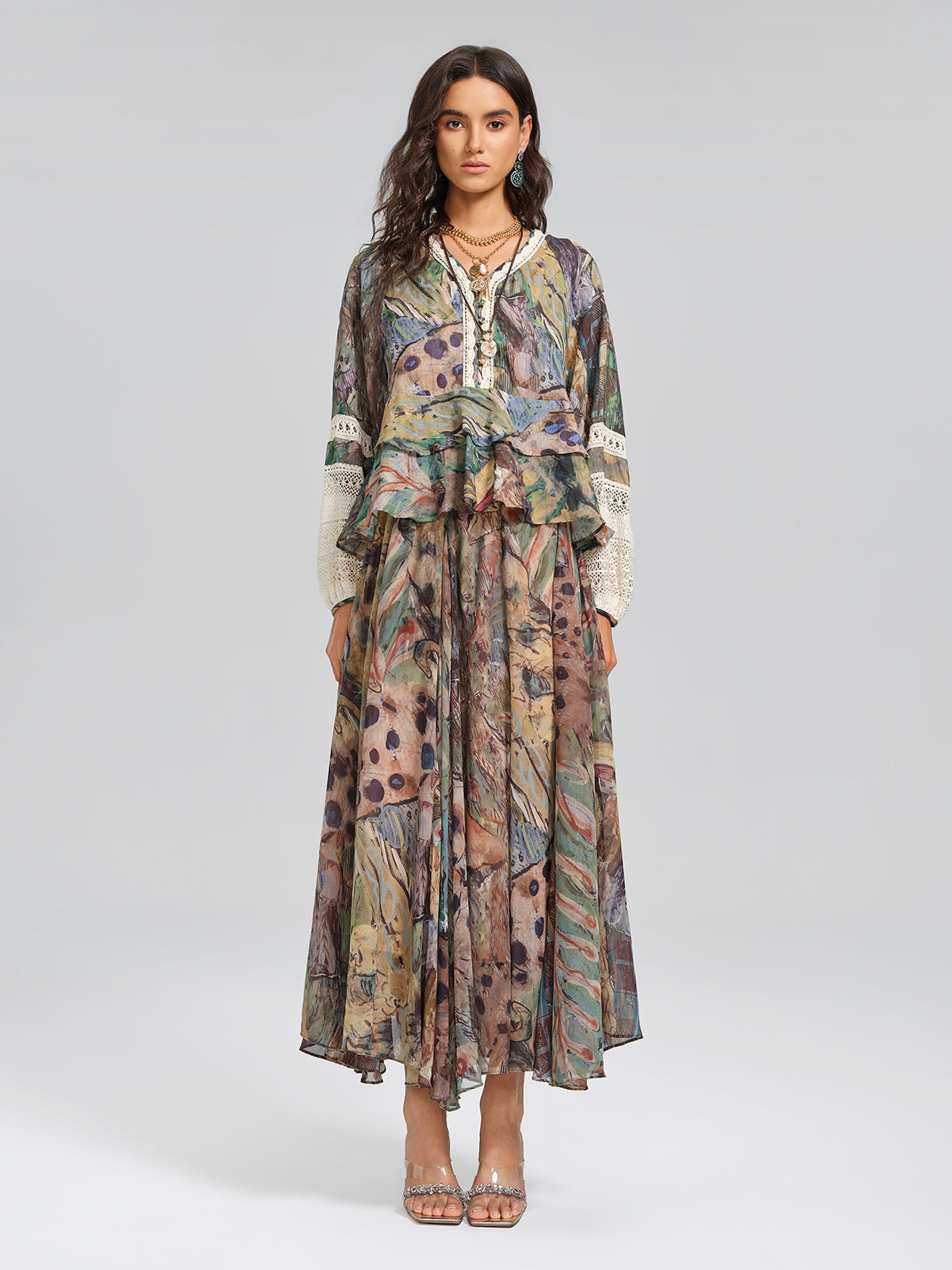 Print Elastic-Waist A-Line Skirt