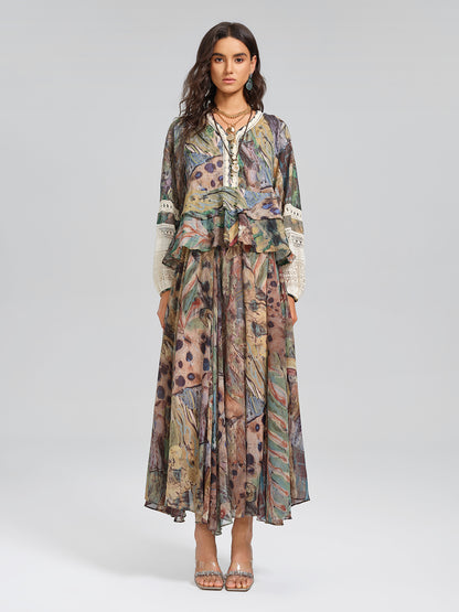 Print Elastic-Waist A-Line Skirt