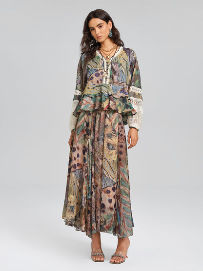 Print Elastic-Waist A-Line Skirt