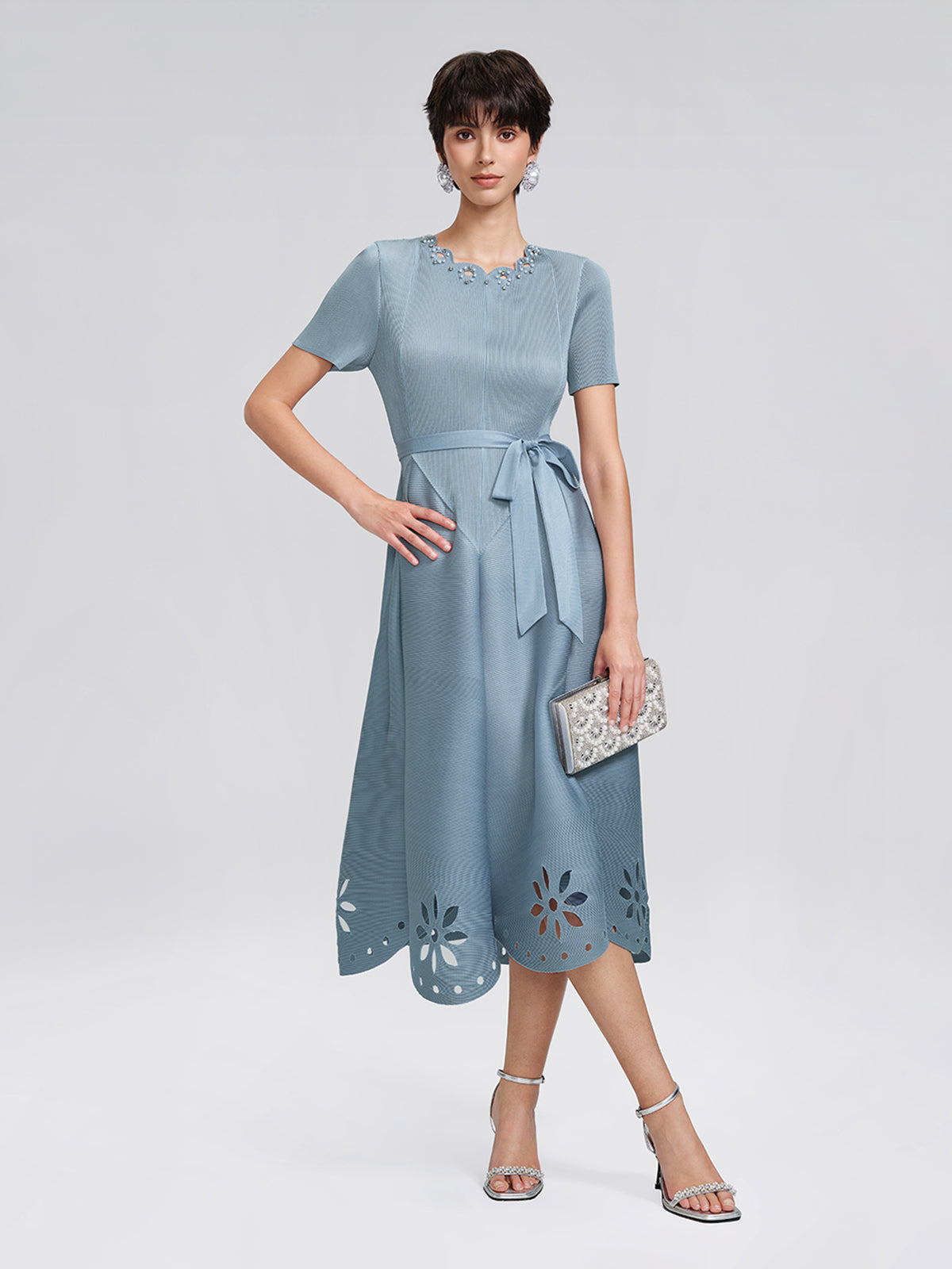Cutout Burnout Beaded Pleated Dress (Waist Tie Included)
