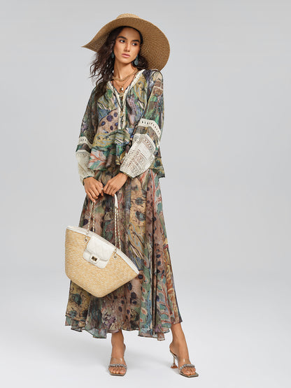 Print Elastic-Waist A-Line Skirt